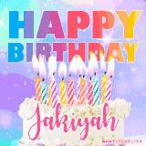 A vibrant animated name GIF with the words 'Happy Birthday Jakiyah' with colorful candles on a creamy cake. The background sparkles with pastel shades, adding a festive touch.