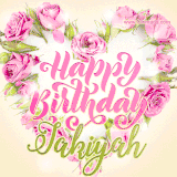 A stunning heart made of pink roses surrounds the elegant script text 'Happy Birthday Jakiyah' on a soft beige background. Animated sparkles add a magical and festive feel.