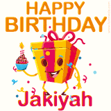 A vibrant and funny gift box character with a happy face dancing with a cupcake and the text 'Happy Birthday Jakiyah,' surrounded by animated confetti and party vibes.