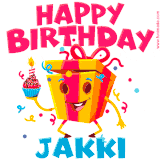 A vibrant and funny gift box character with a happy face dancing with a cupcake and the text 'Happy Birthday Jakki,' surrounded by animated confetti and party vibes.