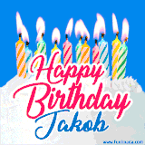 A cheerful animated GIF featuring colorful lit birthday candles on a white cake, with the text 'Happy Birthday Jakob' in bold red and blue script on a bright blue background.