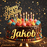 A birthday cake with colorful frosting swirls, burning candles, and the name Jakob on a dark, sparkly background.