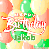 Animated GIF featuring colorful balloons in the background with the cheerful text 'Happy Birthday Jakob'.