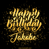 Animated GIF with colorful, festive 'Happy Birthday Jakobe' text decorated with patterns, a party hat, and falling confetti. A vibrant and cheerful design for birthday celebrations.