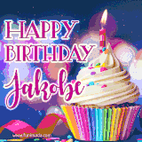 A festive animated GIF featuring a colorful cupcake with a single lit candle, sprinkles, and 'Happy Birthday Jakobe' text against a sparkling, celebratory background.