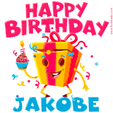 A funny animated birthday GIF with the words 'Happy Birthday Jakobea', colorful gift box with arms and legs, holding a cupcake with a lit candle  with confetti everywhere.