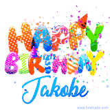 Animated GIF with colorful, festive 'Happy Birthday Jakobe' text decorated with patterns, a party hat, and falling confetti. A vibrant and cheerful design for birthday celebrations.