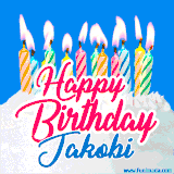 A cheerful animated GIF featuring colorful lit birthday candles on a white cake, with the text 'Happy Birthday Jakobi' in bold red and blue script on a bright blue background.