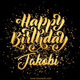 Animated GIF with colorful, festive 'Happy Birthday Jakobi' text decorated with patterns, a party hat, and falling confetti. A vibrant and cheerful design for birthday celebrations.