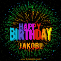 A colorful animated GIF featuring the text 'Happy Birthday Jakobi!' in rainbow colors with a dynamic iridescent firework display in the background.