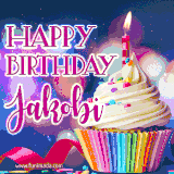 A festive animated GIF featuring a colorful cupcake with a single lit candle, sprinkles, and 'Happy Birthday Jakobi' text against a sparkling, celebratory background.