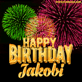 A captivating GIF with bursts of green, pink, and orange fireworks lighting up the night sky, accompanied by 'Happy Birthday Jakobi' in glowing golden text.