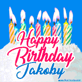 A cheerful animated GIF featuring colorful lit birthday candles on a white cake, with the text 'Happy Birthday Jakoby' in bold red and blue script on a bright blue background.