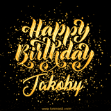 Animated GIF with colorful, festive 'Happy Birthday Jakoby' text decorated with patterns, a party hat, and falling confetti. A vibrant and cheerful design for birthday celebrations.