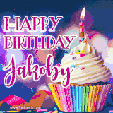 A festive animated GIF featuring a colorful cupcake with a single lit candle, sprinkles, and 'Happy Birthday Jakoby' text against a sparkling, celebratory background.