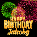 A captivating GIF with bursts of green, pink, and orange fireworks lighting up the night sky, accompanied by 'Happy Birthday Jakoby' in glowing golden text.