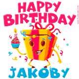 A funny animated birthday GIF with the words 'Happy Birthday Jakobya', colorful gift box with arms and legs, holding a cupcake with a lit candle  with confetti everywhere.