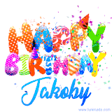 Animated GIF with colorful, festive 'Happy Birthday Jakoby' text decorated with patterns, a party hat, and falling confetti. A vibrant and cheerful design for birthday celebrations.