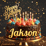 A birthday cake with colorful frosting swirls, burning candles, and the name Jakson on a dark, sparkly background.