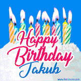 A cheerful animated GIF featuring colorful lit birthday candles on a white cake, with the text 'Happy Birthday Jakub' in bold red and blue script on a bright blue background.