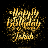 Animated GIF with colorful, festive 'Happy Birthday Jakub' text decorated with patterns, a party hat, and falling confetti. A vibrant and cheerful design for birthday celebrations.
