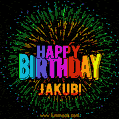 A colorful animated GIF featuring the text 'Happy Birthday Jakub!' in rainbow colors with a dynamic iridescent firework display in the background.