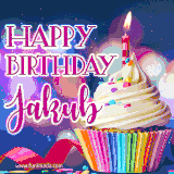 A festive animated GIF featuring a colorful cupcake with a single lit candle, sprinkles, and 'Happy Birthday Jakub' text against a sparkling, celebratory background.