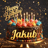 Close-up of colorful whipped cream toppings on a chocolate cake with flickering candles, custom-designed for Jakub.