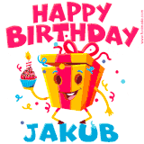 A funny animated birthday GIF with the words 'Happy Birthday Jakuba', colorful gift box with arms and legs, holding a cupcake with a lit candle  with confetti everywhere.