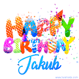 Animated GIF with colorful, festive 'Happy Birthday Jakub' text decorated with patterns, a party hat, and falling confetti. A vibrant and cheerful design for birthday celebrations.