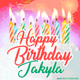 Bright birthday candles with rainbow flames on a cake, alongside the text 'Happy Birthday Jakyla' in vibrant script in this celebratory animated GIF.