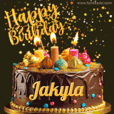 A delightful chocolate birthday cake with bright candles and 'Happy Birthday Jakyla' written in gold amidst a shower of animated stars.