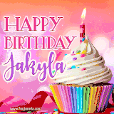 A vibrant birthday GIF featuring a rainbow-colored cupcake topped with white frosting, sprinkles, and a lit candle. The text reads 'Happy Birthday Jakyla' in bold pink and violet letters with white outline.