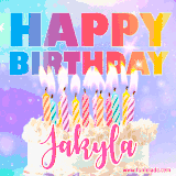 A vibrant animated name GIF with the words 'Happy Birthday Jakyla' with colorful candles on a creamy cake. The background sparkles with pastel shades, adding a festive touch.
