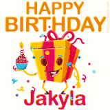 A vibrant and funny gift box character with a happy face dancing with a cupcake and the text 'Happy Birthday Jakyla,' surrounded by animated confetti and party vibes.