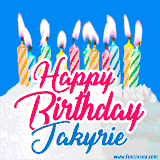A cheerful animated GIF featuring colorful lit birthday candles on a white cake, with the text 'Happy Birthday Jakyrie' in bold red and blue script on a bright blue background.