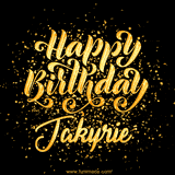 Animated GIF with colorful, festive 'Happy Birthday Jakyrie' text decorated with patterns, a party hat, and falling confetti. A vibrant and cheerful design for birthday celebrations.