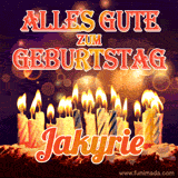 An animated GIF featuring 'Alles Gute Zum Geburtstag Jakyrie' in glowing red and gold letters above a cake with colorful lit candles, set against a festive sparkling background.