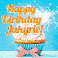 A cheerful animated GIF of a cupcake with creamy frosting, a red checkered ribbon, and a bright sparkler on top. The text 'Happy Birthday Jakyrie!' is displayed in vibrant orange and red.