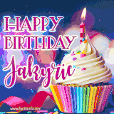 A festive animated GIF featuring a colorful cupcake with a single lit candle, sprinkles, and 'Happy Birthday Jakyrie' text against a sparkling, celebratory background.