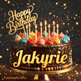 A chocolate birthday cake with colorful candies at the base and lit candles on top, featured on an animated card for Jakyrie.