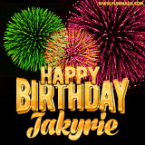 A captivating GIF with bursts of green, pink, and orange fireworks lighting up the night sky, accompanied by 'Happy Birthday Jakyrie' in glowing golden text.