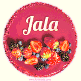 Beautifully decorated red velvet berry birthday cake with vibrant fruits and a glowing 'Jala' name, adding a touch of sweetness and sparkle.