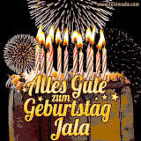A chocolate birthday cake with glowing candles, the German text 'Alles Gute zum Geburtstag Jala,' and vibrant fireworks lighting up the background in an animated GIF.