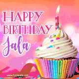 A vibrant birthday GIF featuring a rainbow-colored cupcake topped with white frosting, sprinkles, and a lit candle. The text reads 'Happy Birthday Jala' in bold pink and violet letters with white outline.