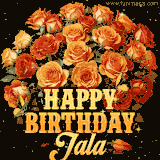 Animated bouquet of orange roses with moving butterfles and golden 'Happy Birthday Jala' text, surrounded by sparkling accents and a dark backdrop for a luxurious feel.
