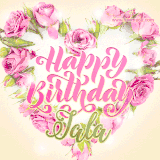 A stunning heart made of pink roses surrounds the elegant script text 'Happy Birthday Jala' on a soft beige background. Animated sparkles add a magical and festive feel.