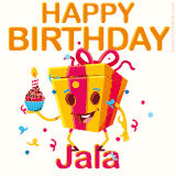 A vibrant and funny gift box character with a happy face dancing with a cupcake and the text 'Happy Birthday Jala,' surrounded by animated confetti and party vibes.