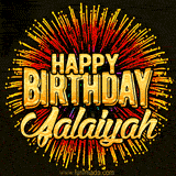 Golden 'Happy Birthday Jalaiyah' text accompanied by animated rainbow fireworks for a festive animated greeting.