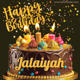 A delightful chocolate birthday cake with bright candles and 'Happy Birthday Jalaiyah' written in gold amidst a shower of animated stars.